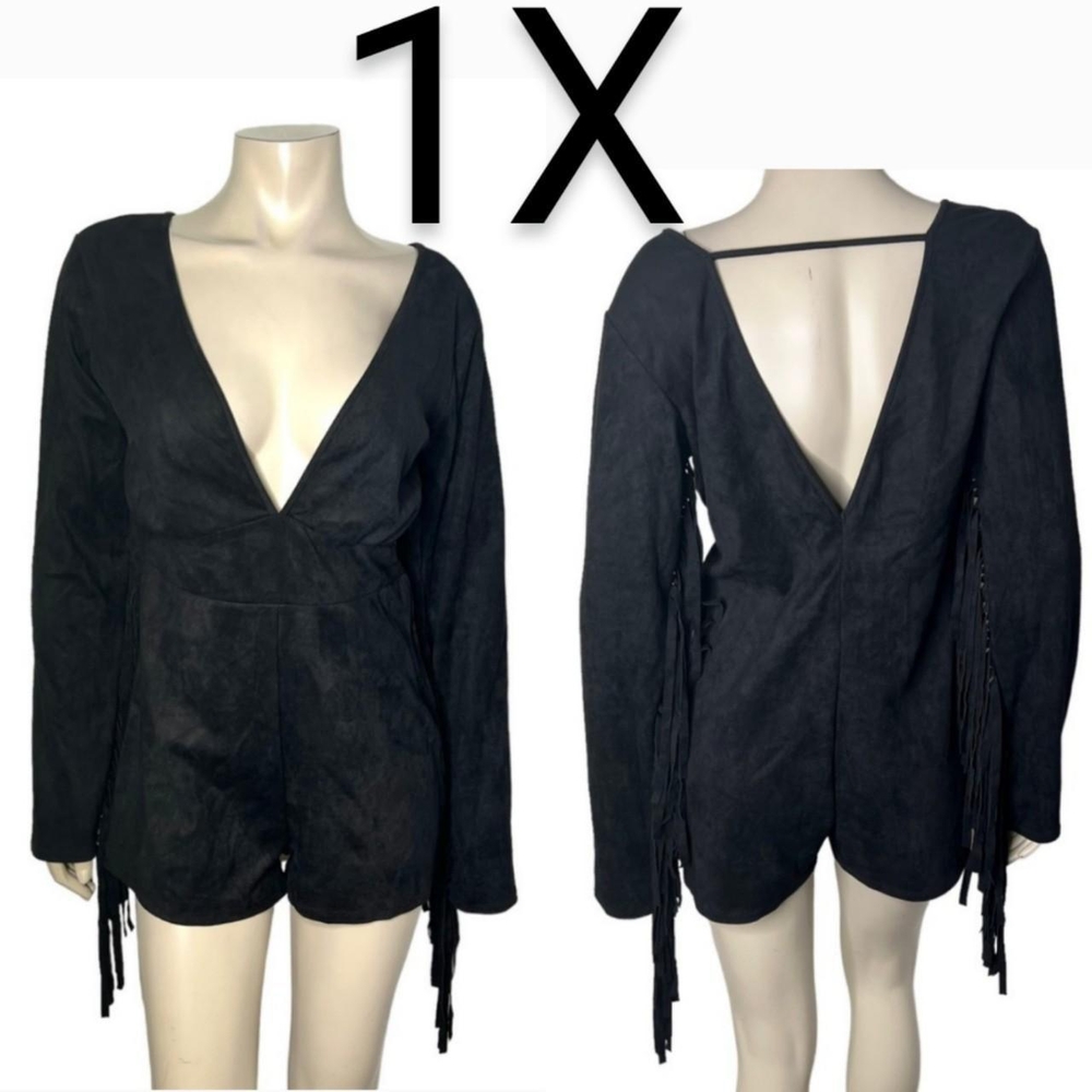 🆕Black Suede Low Cut Open Back Long Sleeve Fringe Thick Romper~Size 1 XL - Picture 2 of 8